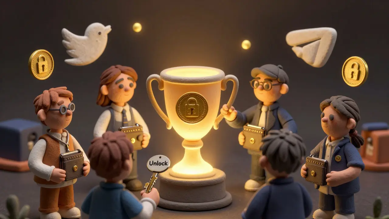 Clay figurines gathered around a trophy with locked O3 tokens, one reaching for an unlock key.