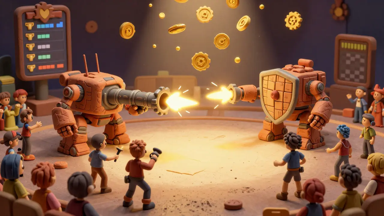 Clay war machines battling in a pixel-art arena as GEAR tokens rain down.