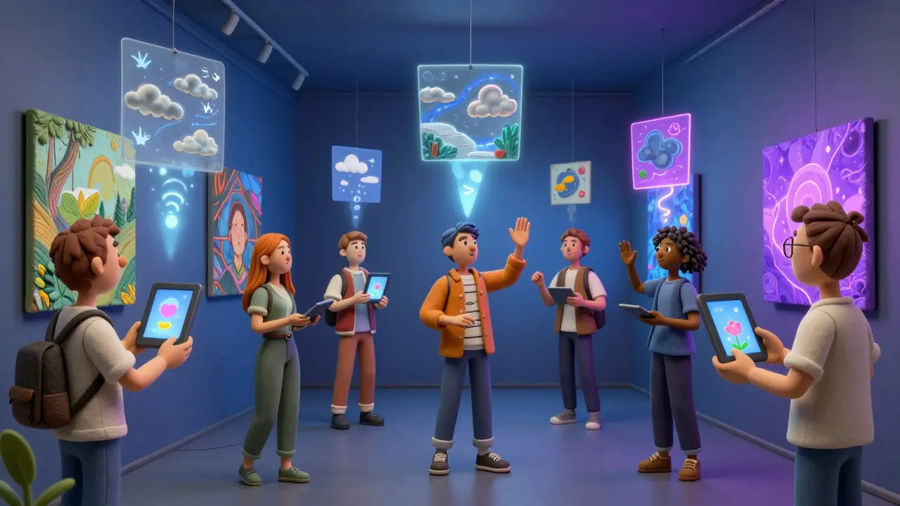 Collectors in a gallery interact with animated NFT art that shifts with movement and weather patterns.