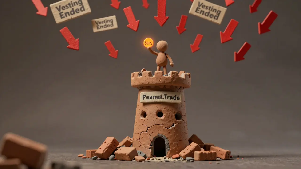 Crumbling clay tower labeled Peanut.Trade with a figure holding a nearly worthless token.