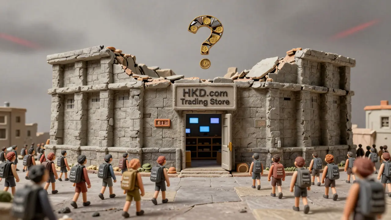 Crumbling HKD.com building with empty shelves, users walking away with lost funds backpacks.