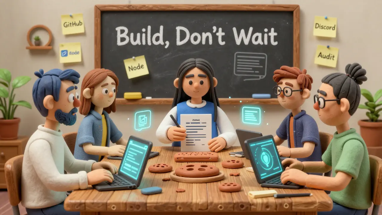 Diverse avatars collaborating around a table with testnet interfaces and sticky notes about building a project.