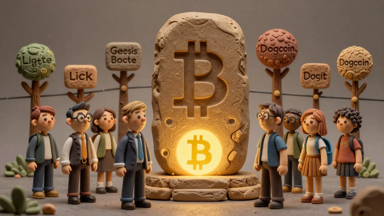 Diverse figures gathered before a massive clay monolith inscribed with Bitcoin&#039;s genesis hash.