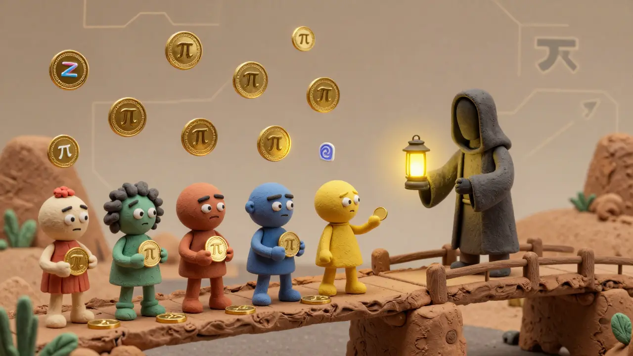 Diverse users passing Pi coins to a faceless keeper across a clay bridge to receive PIB tokens.