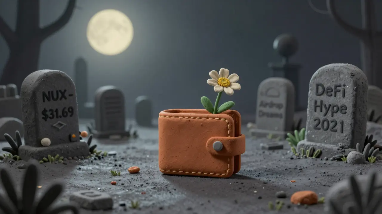 Empty digital graveyard with tombstones for failed crypto projects, one wallet with a wilting flower.