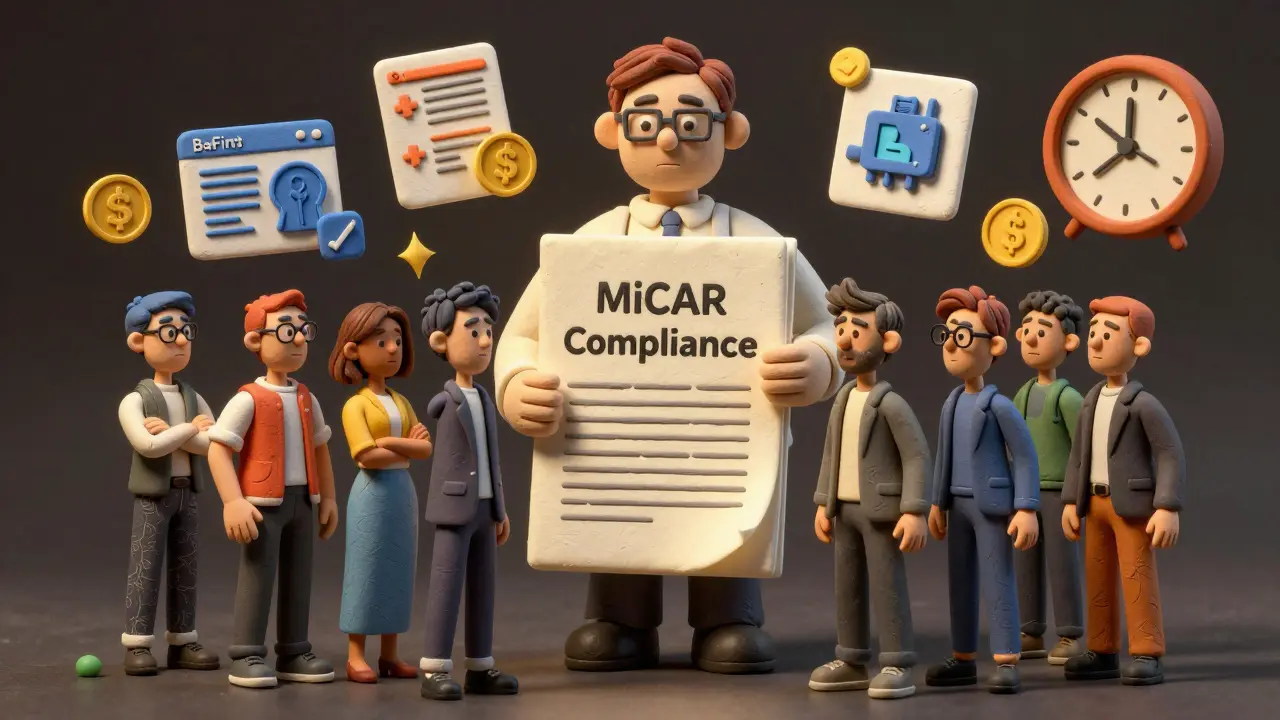 Entrepreneurs presenting compliance documents to a clay BaFin statue as deadlines loom.