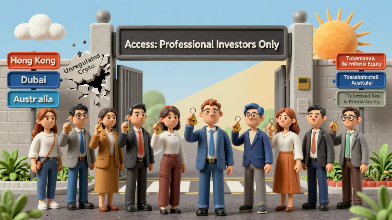 Investors facing a gated access point labeled for professional investors only, with regional regulatory signs nearby.