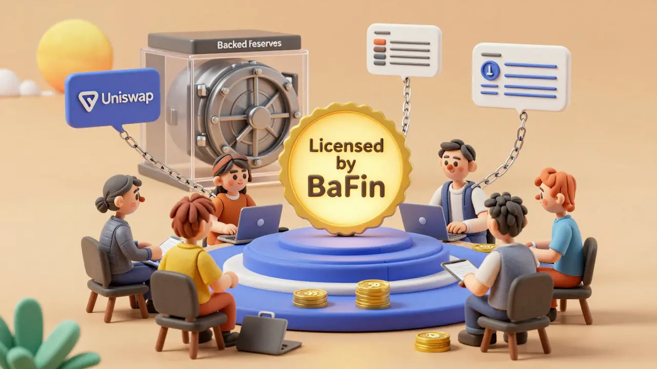 Licensed crypto platform with reserves, tax tools, and regulated DeFi under a sunrise.