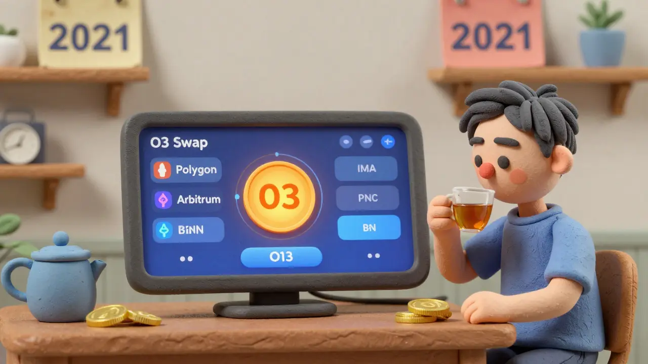 Quiet clay dashboard showing O3 Swap active with live cross-chain swaps and a user staking tokens.