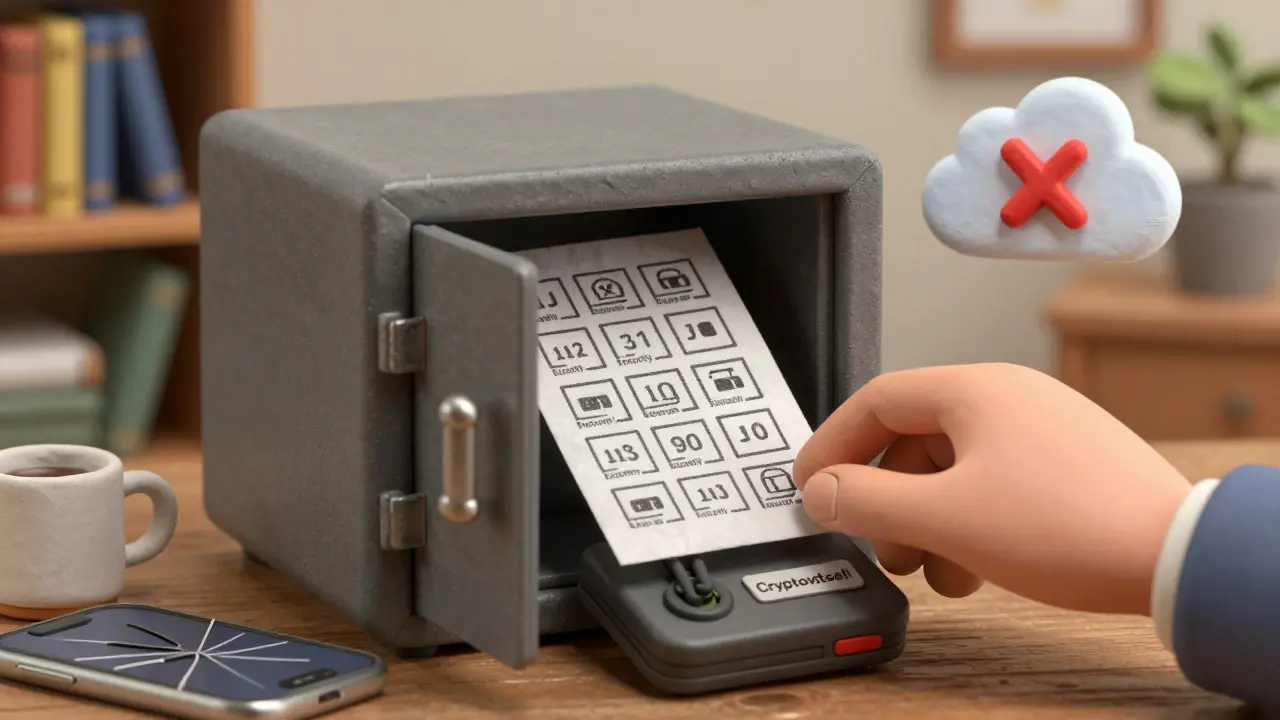 Recovery codes stored safely on paper inside a fireproof box, with a broken phone and cloud icon marked as unsafe.