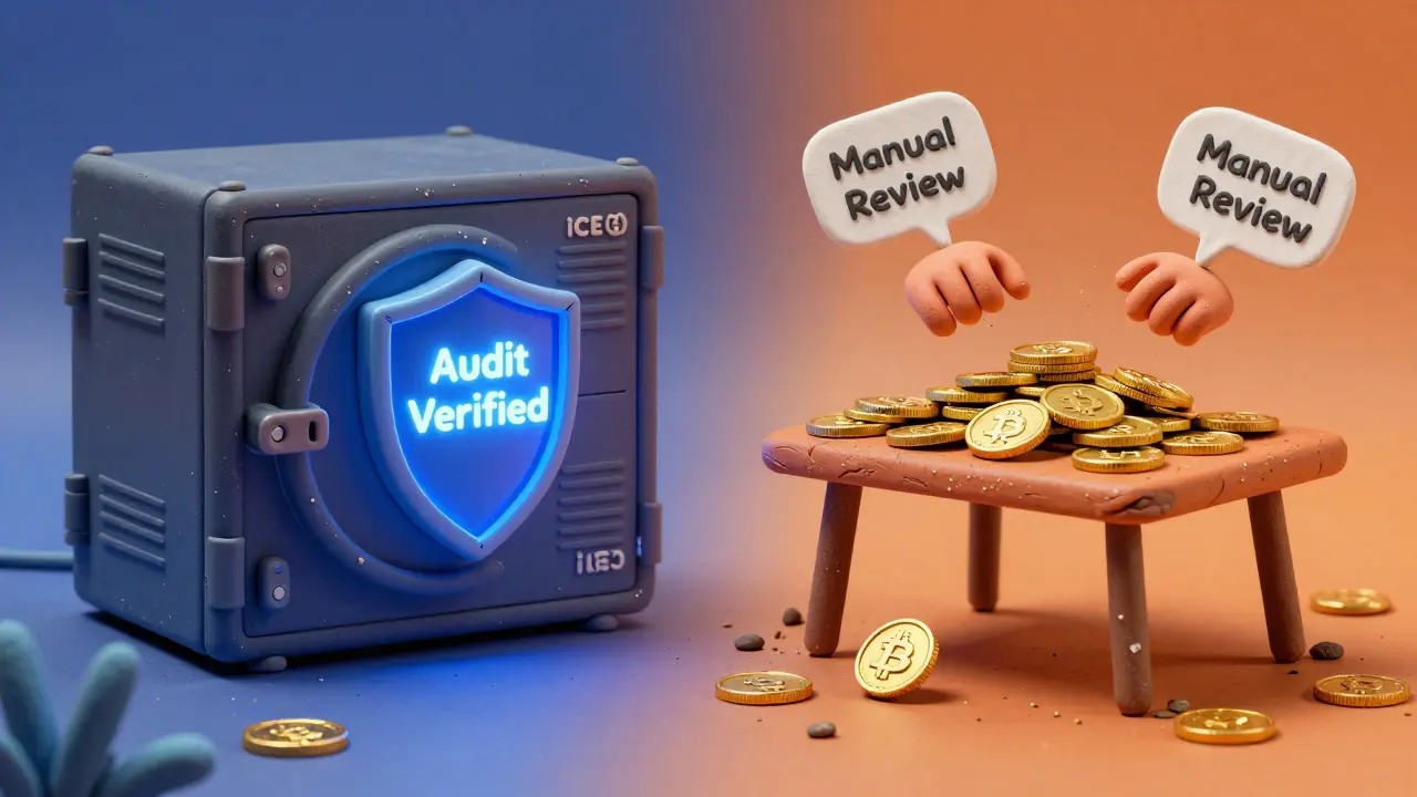 Secure cold storage vaults contrast with unstable manual review setup, one coin falling off a wobbly table.