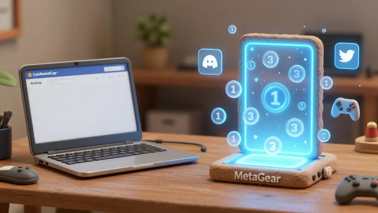 Split scene: empty CoinMarketCap page beside a glowing MetaGear airdrop portal with 1 billion unseen tokens.