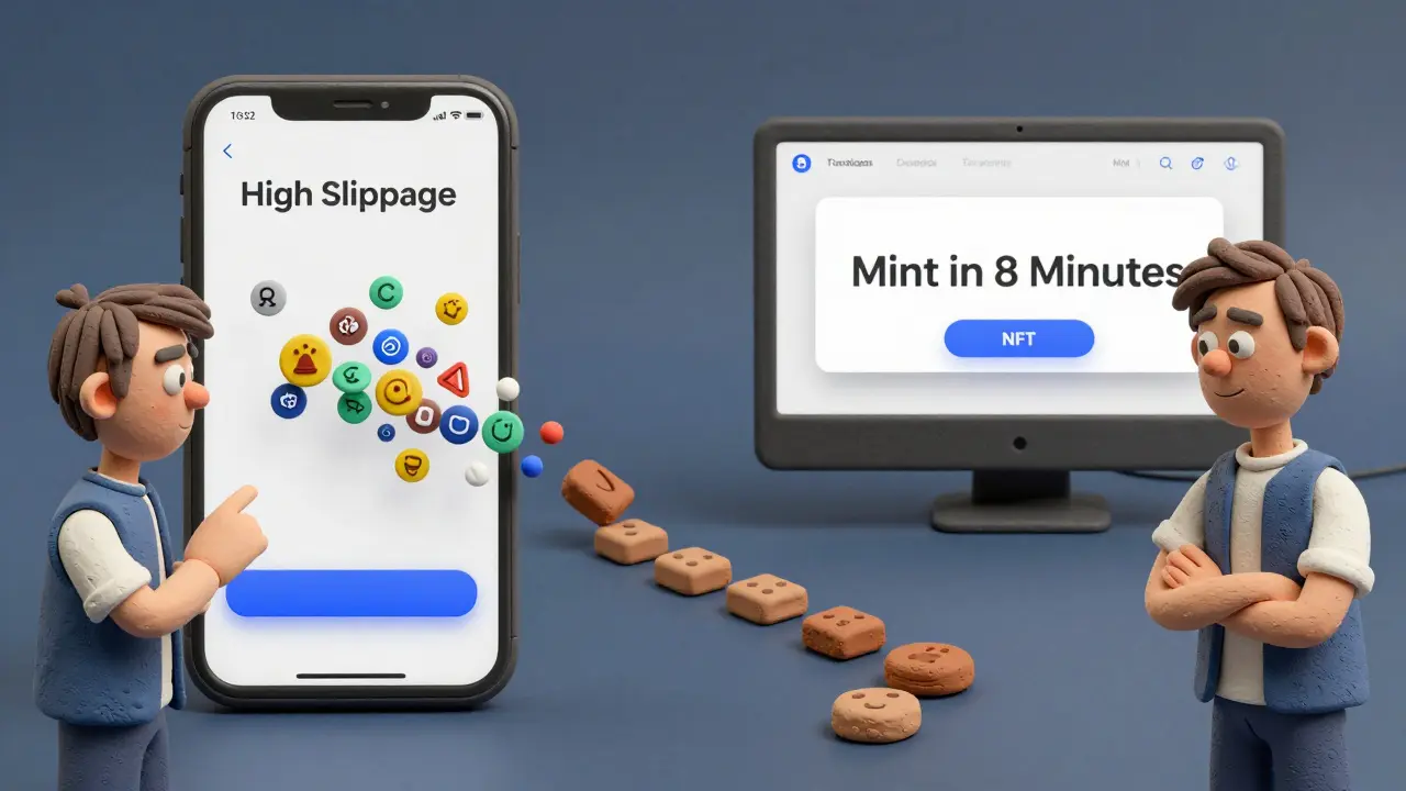 Split scene: frustrated user on mobile vs. happy user minting NFT on desktop, connected by clay breadcrumbs.