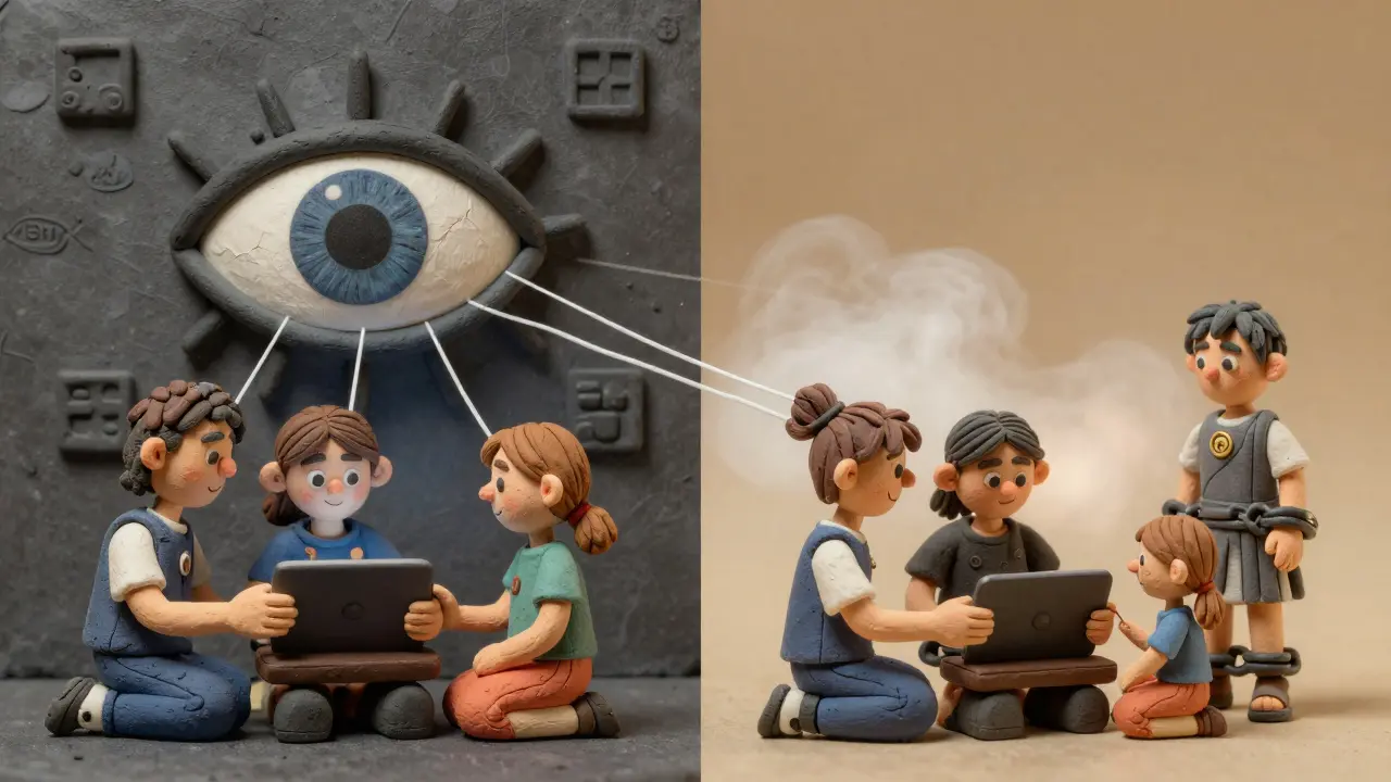 Split scene: one side shows tracked crypto transactions, the other shows privacy restored with fog, in clay style.