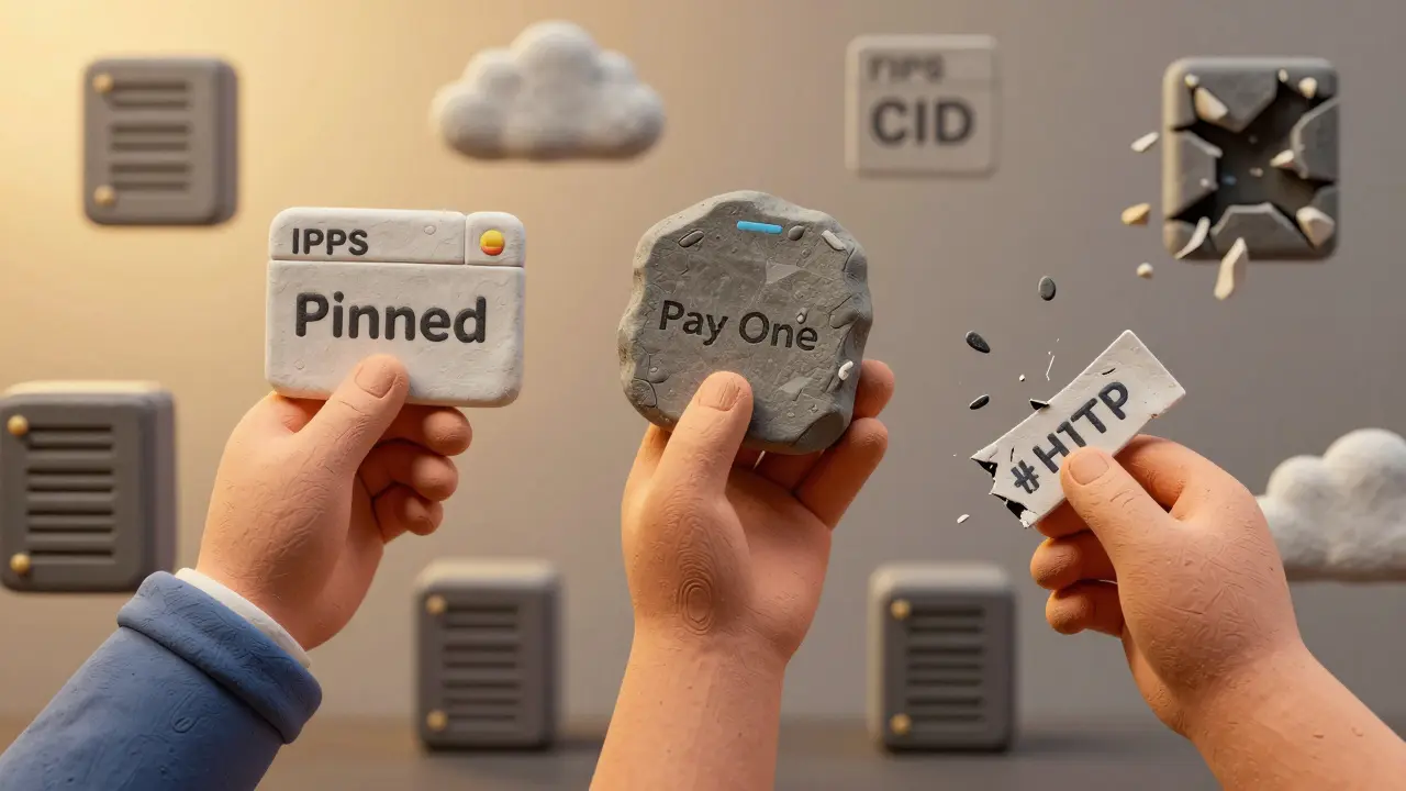Three clay hands interacting with different NFT storage methods: IPFS pin, Arweave tablet, and crumbling link.