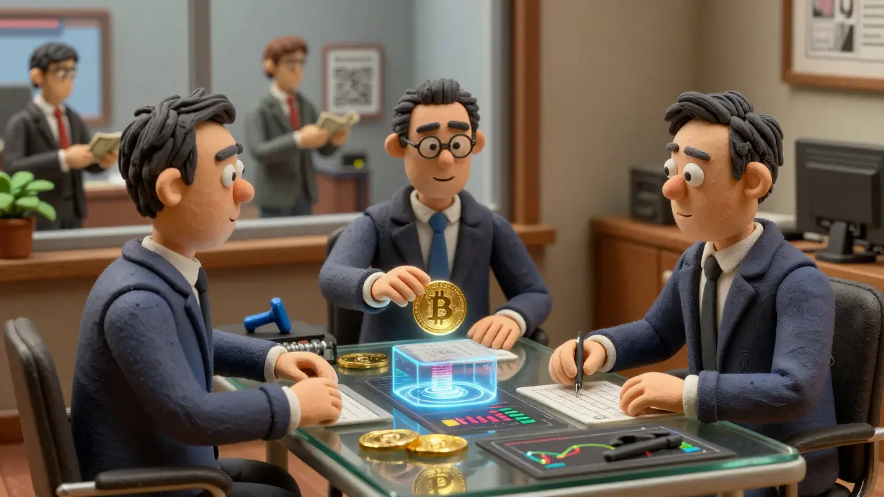 Three wealthy investors trading crypto derivatives while a digital ruble replaces Bitcoin on a glass table.