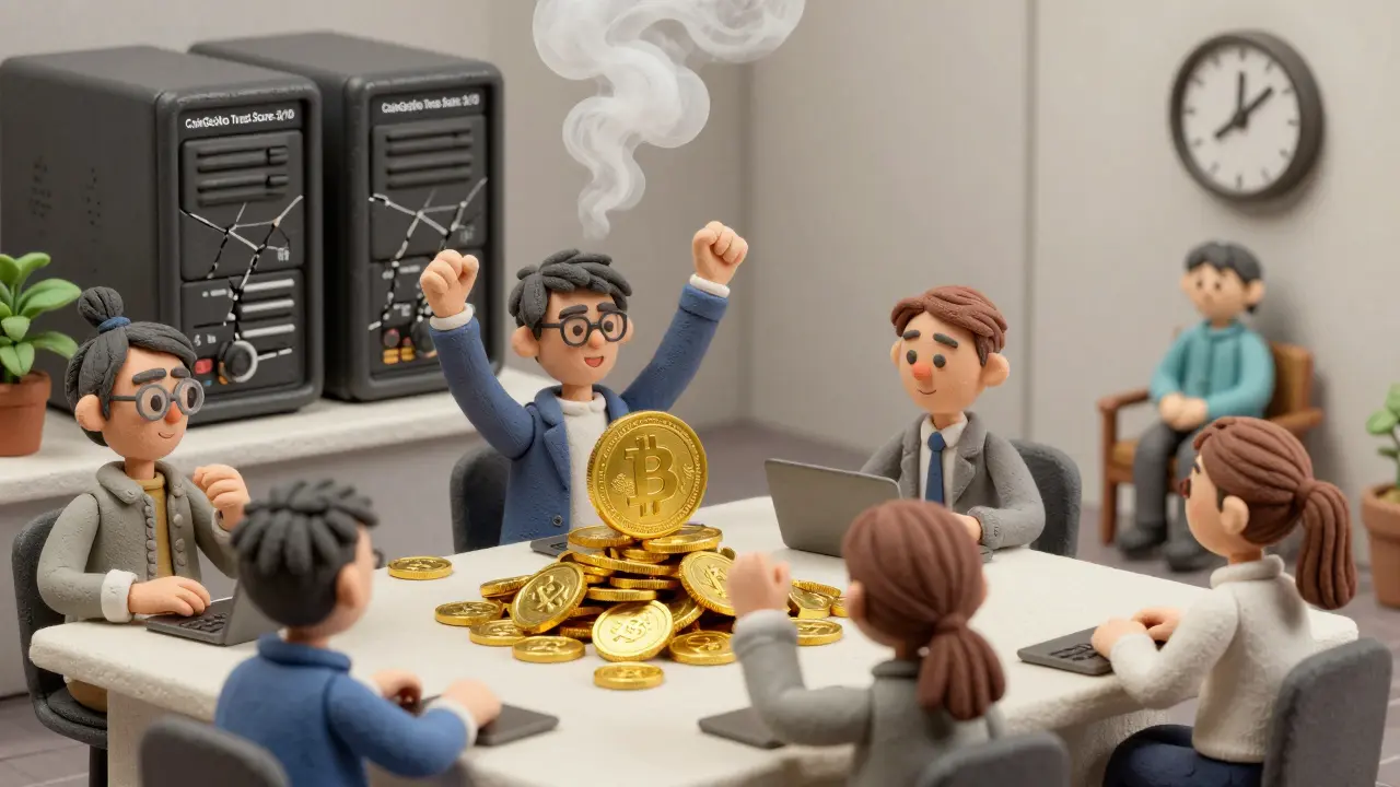 Traders celebrate NIZA token gains as a cracked server leaks smoke and a customer waits hours for support in clay style.