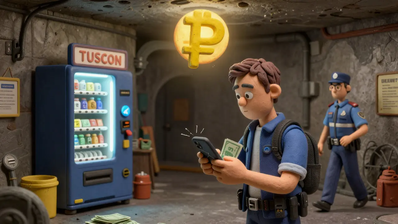 Underground crypto trade in a Moscow alley with a hidden ATM and a digital ruble looming overhead.