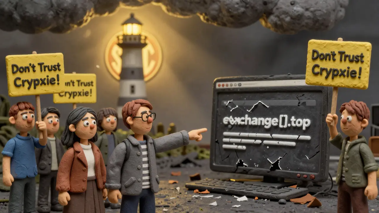 Users warning others about a fake exchange site, with regulatory emblems shining in the distance.