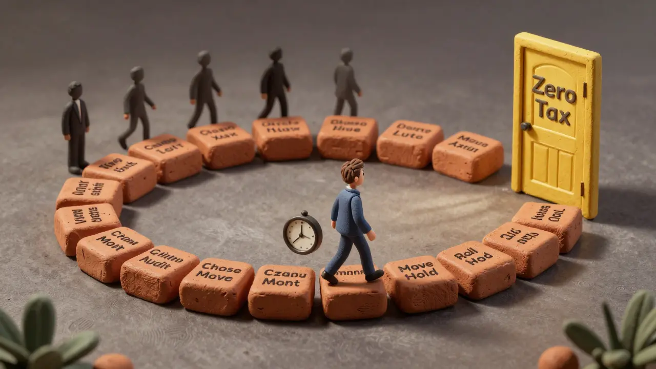 12-month path of clay bricks leading to a golden 'Zero Tax' door, person walking forward, shadows fading behind.