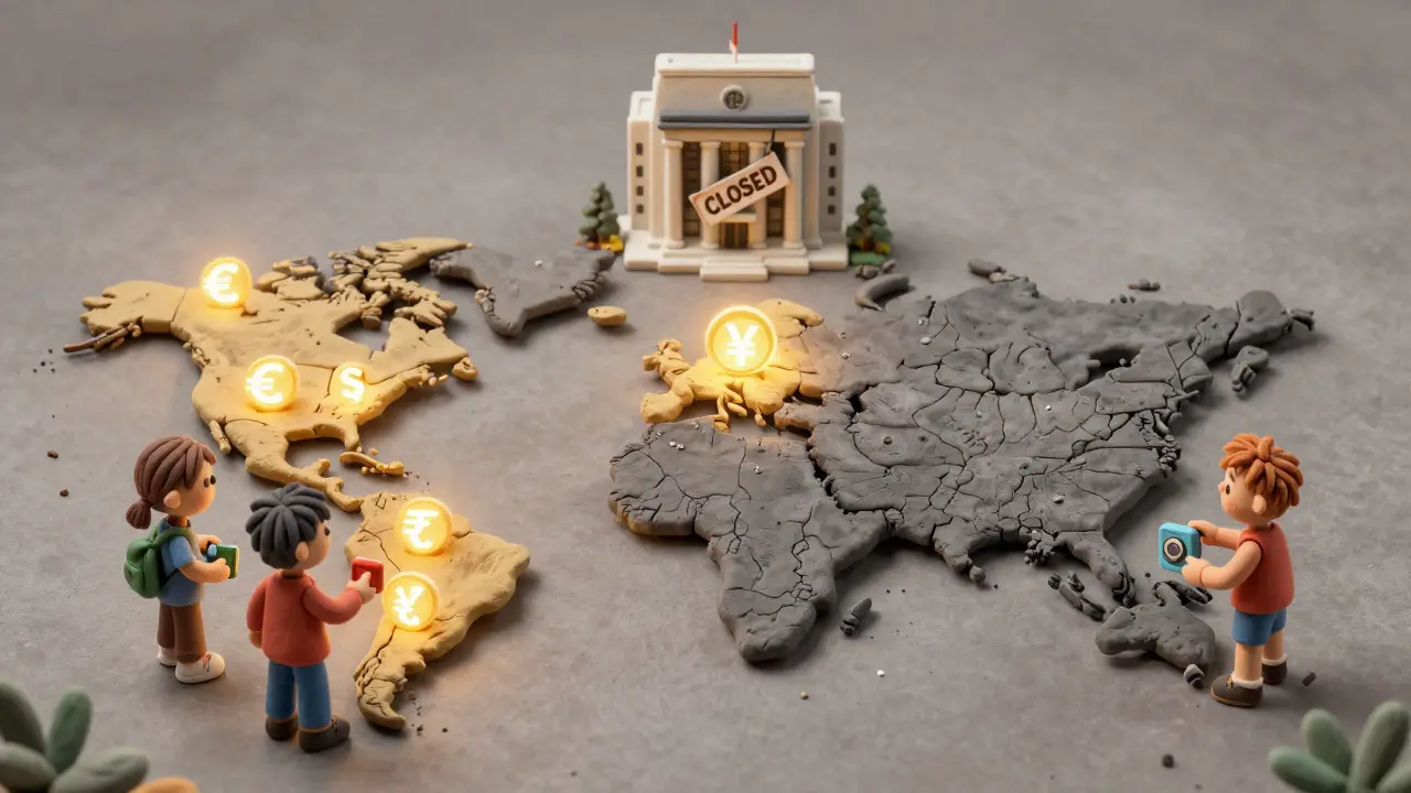 A clay global map showing glowing digital currencies everywhere except the dull, cracked United States.