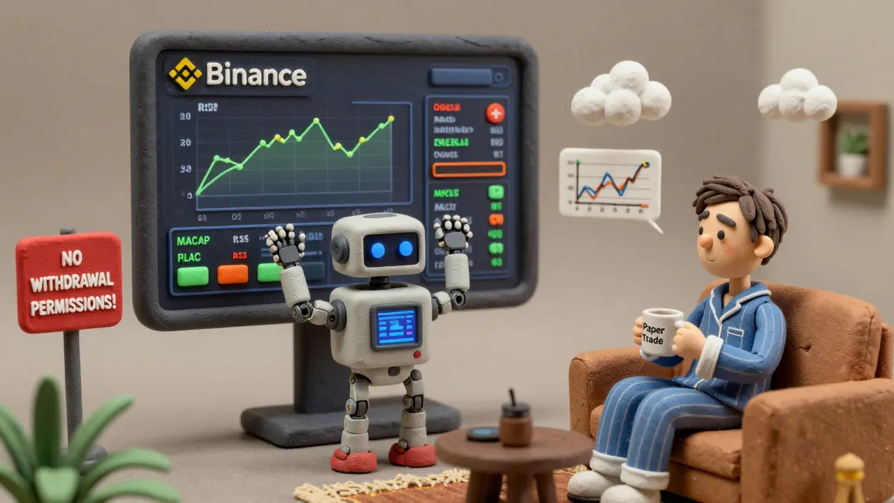 A clay robot trading on Binance while a user watches from a couch, with RSI and MACD charts floating nearby.