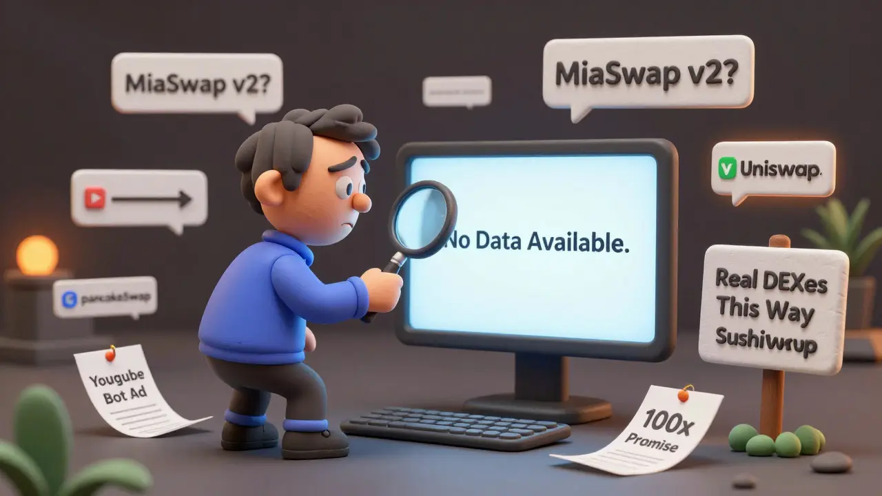 A confused trader staring at a blank screen with signs pointing to nothing, while real DEXes glow in the distance.