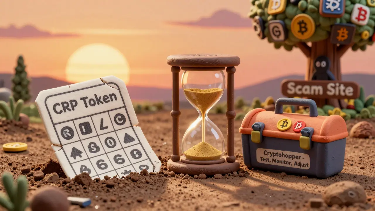 A cracked CRP lottery ticket next to a Cryptohopper toolbox, with an hourglass draining sand under a sunset.