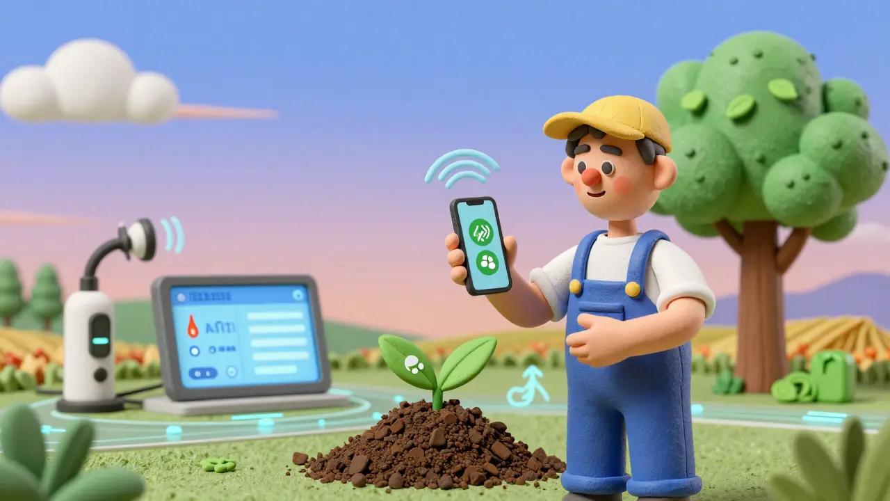 A farmer uses a smartphone with voice icons to send soil data to a blockchain, while IoT sensors and AGRI token leaves symbolize sustainability rewards.