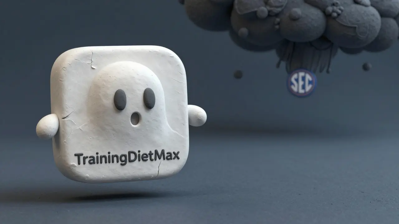 A ghostly fitness app floats in emptiness, with no blockchain connections, as an SEC badge looms nearby.