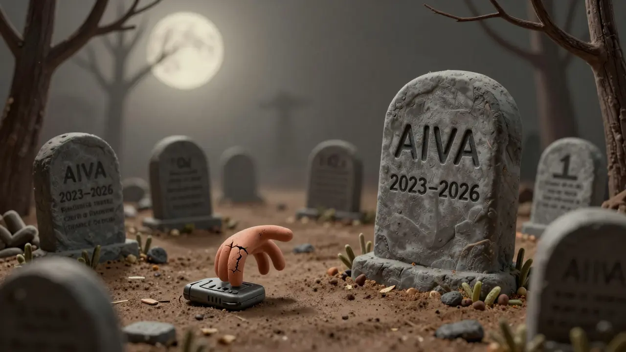A graveyard of failed crypto tokens with a tombstone for AIVA and a hand holding a useless voice recorder.