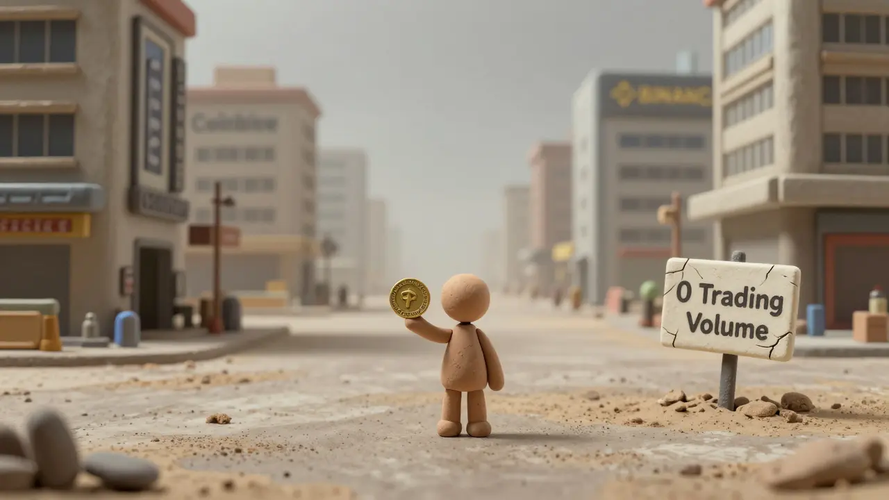 A lone figure holding a PEPLO token in an empty digital marketplace with silent exchange buildings in the distance.