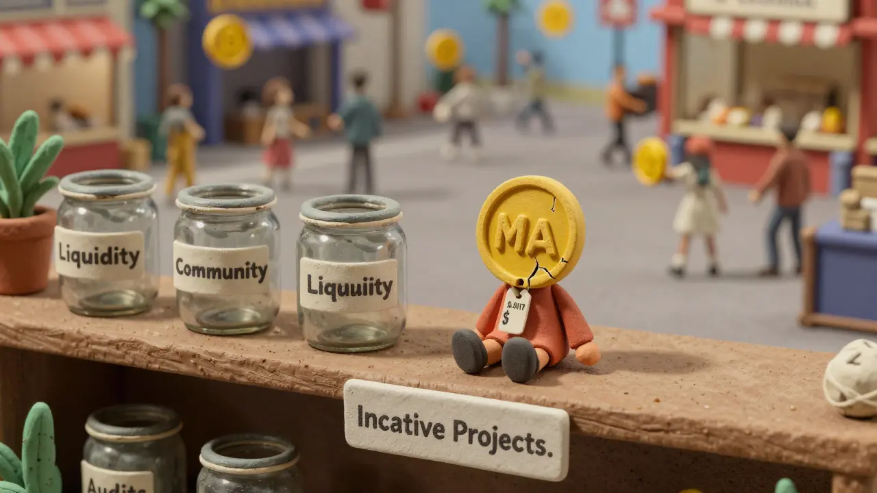 A lonely MIA token figurine on a dusty shelf among empty jars, isolated from lively crypto tokens.