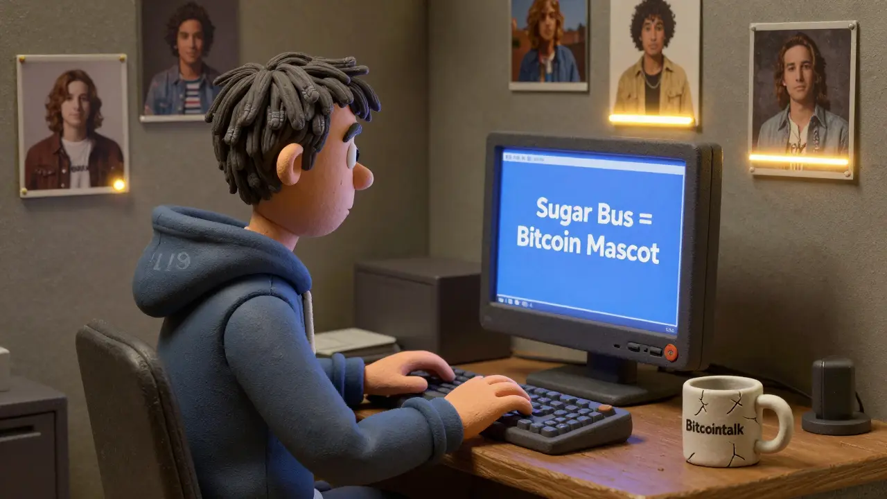 A man in a 2010s hoodie typing about Sugar Bush as a Bitcoin mascot, with photos on the wall behind him.