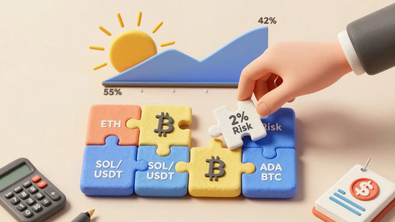 A mosaic of seven crypto pairs forming a portfolio, with Bitcoin dominance shifting and a '2% Risk' piece at the center.