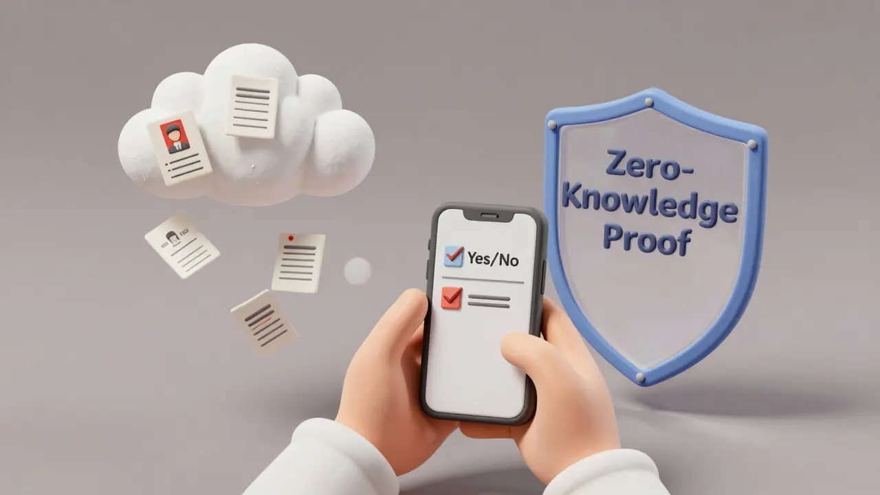 A person uses a phone to verify age with a yes/no checkmark, while personal documents dissolve into mist behind them.