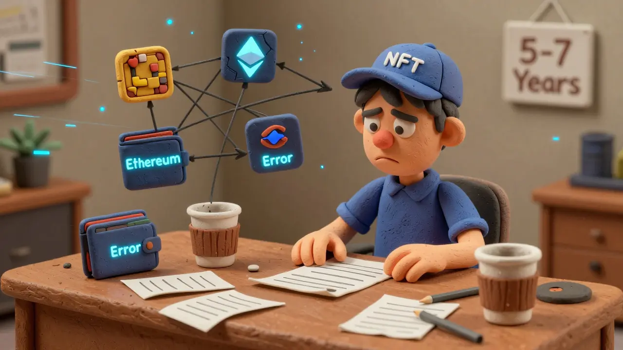 A player surrounded by wallet errors and broken game icons struggles with NFT transfers.