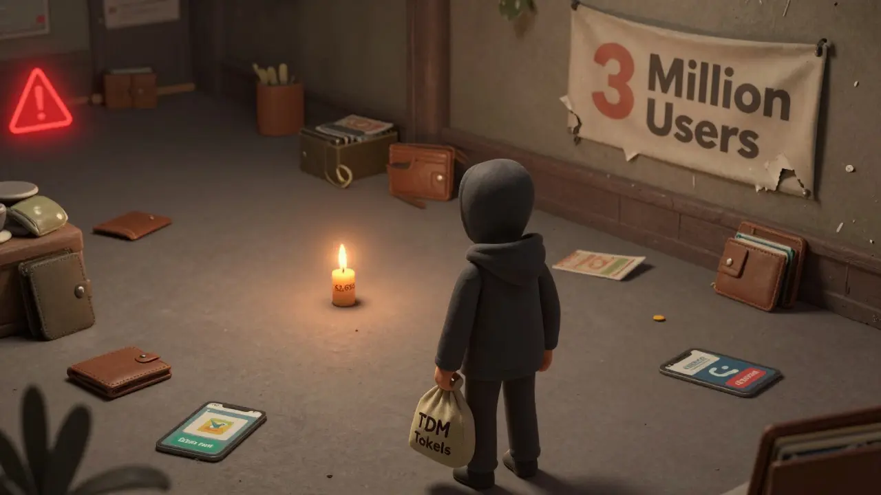 A shadowy figure stands before an empty marketplace with a single candle marking TDM's tiny trading volume.