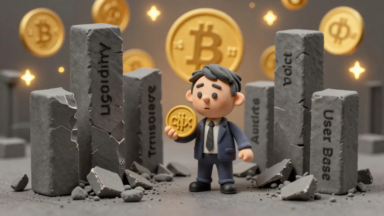 A small investor surrounded by collapsing pillars of trust, while major crypto tokens shine brightly.