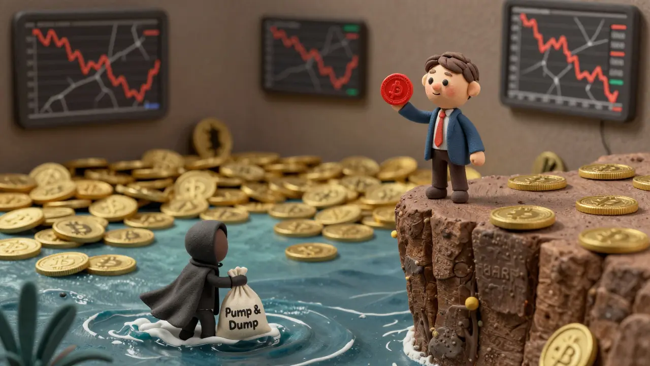 A tiny investor on a cliff overlooking major cryptocurrencies, watching a pump-and-dump sack fall into the sea.