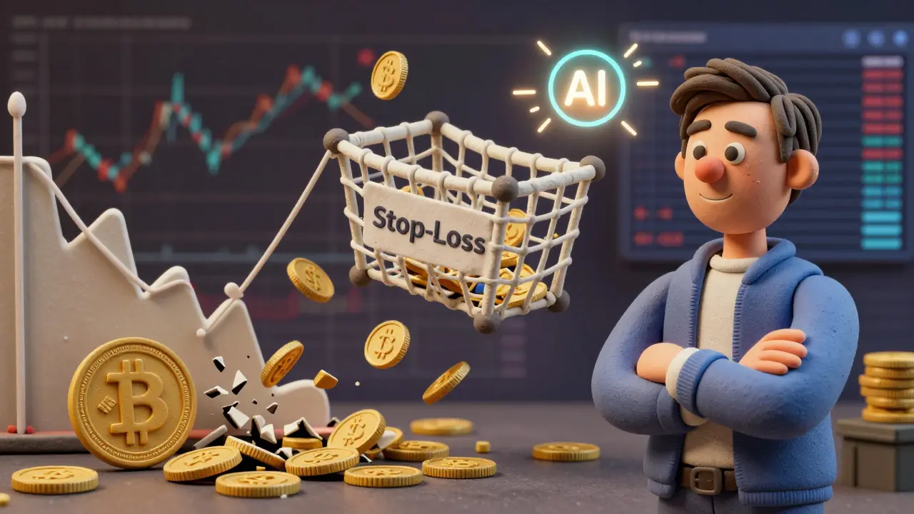 A trader’s portfolio saved by a clay safety net labeled 'Stop-Loss' catching falling coins, contrasting chaos and control.