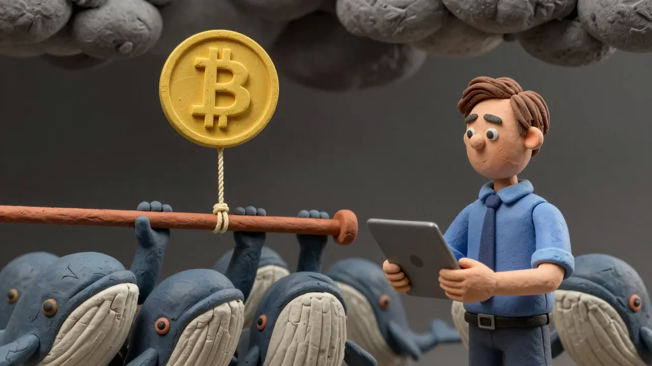 A trader sets a trailing stop-loss as a Bitcoin coin rises, while whales below manipulate the price with a lever.