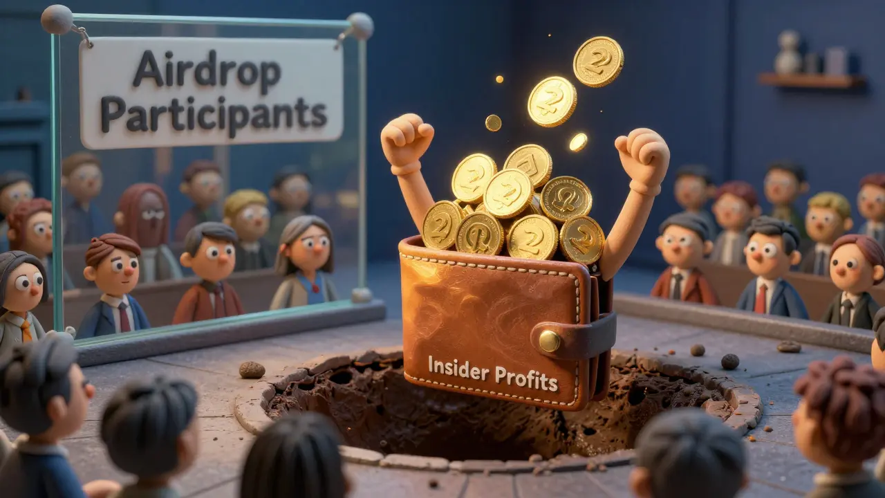 A wallet dumping tokens into a pit while users watch helplessly behind glass.