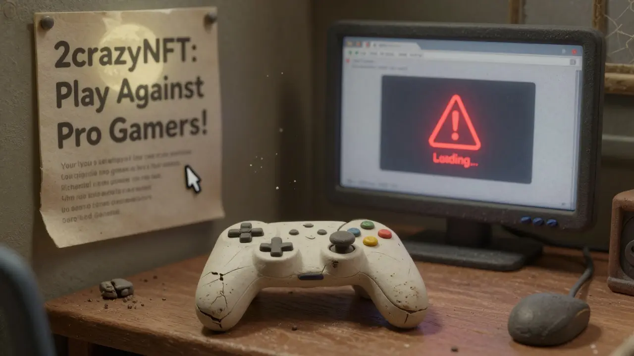 An empty game controller beside a frozen 2crazyNFT website under moonlight.