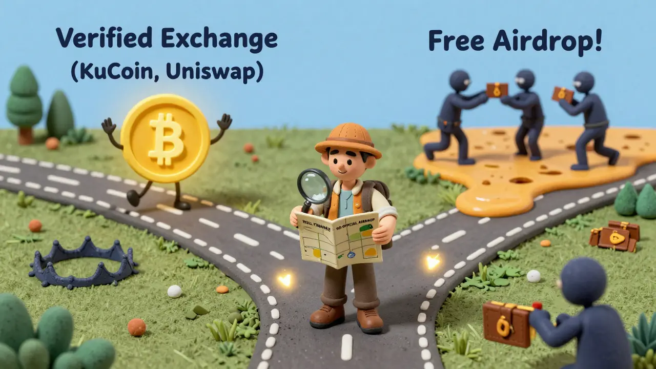 An explorer choosing the safe path to a real exchange over a dangerous fake airdrop route.
