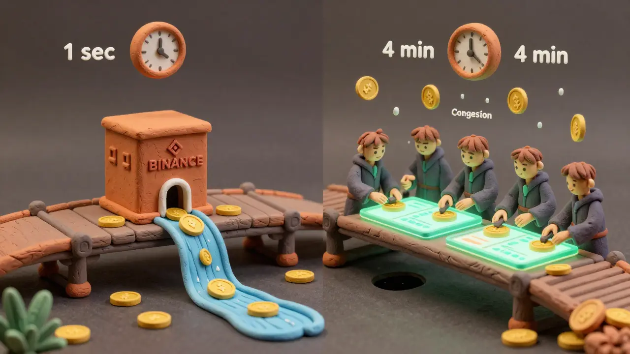 Centralized vs decentralized bridge comparison with clay figures, validators, and time indicators.