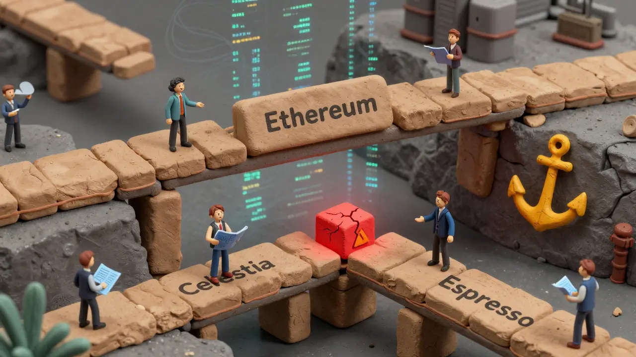 Clay bridge made of Ethereum blocks over a data chasm, with emerging alternatives below.