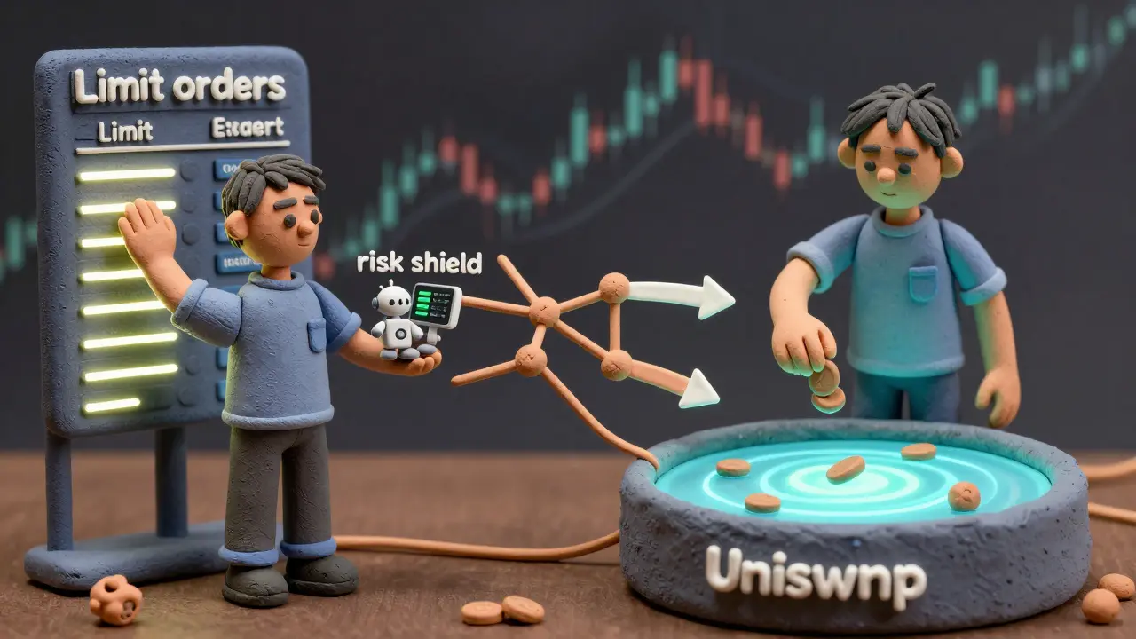 Clay market maker managing orders on both a centralized exchange and a decentralized liquidity pool simultaneously.