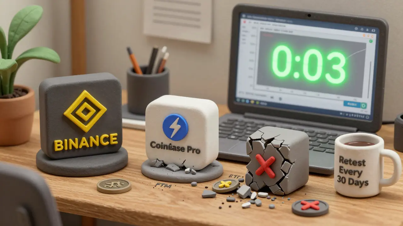 Clay models of crypto exchanges on a desk, with a cointegration test result glowing green and failed pairs marked with X's.