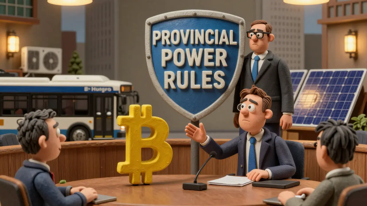 Clay-style cartoon of Vancouver mayor trying to allow crypto mining, blocked by provincial power authority.